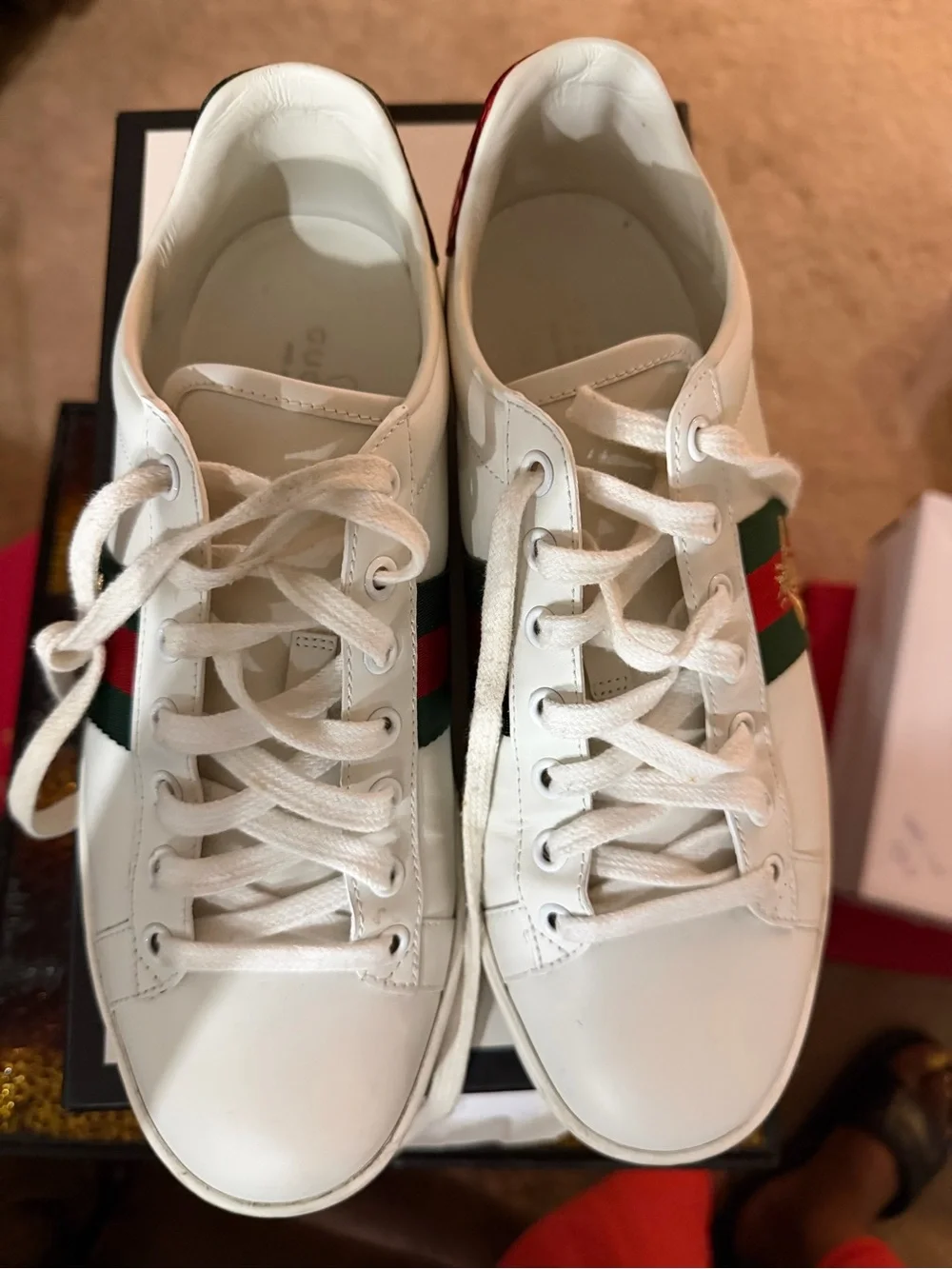 Gucci White Leather Sneakers with Green & Red Web Stripe